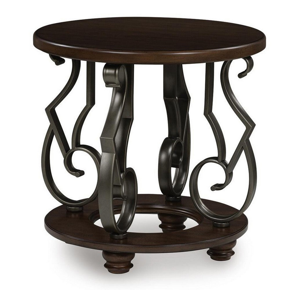 Falu Round End Table with Black Ornate Metal Base | Brown Birch Wood 25"