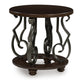 Falu Round End Table with Black Ornate Metal Base | Brown Birch Wood 25"
