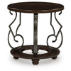 Falu Round End Table with Black Ornate Metal Base | Brown Birch Wood 25"