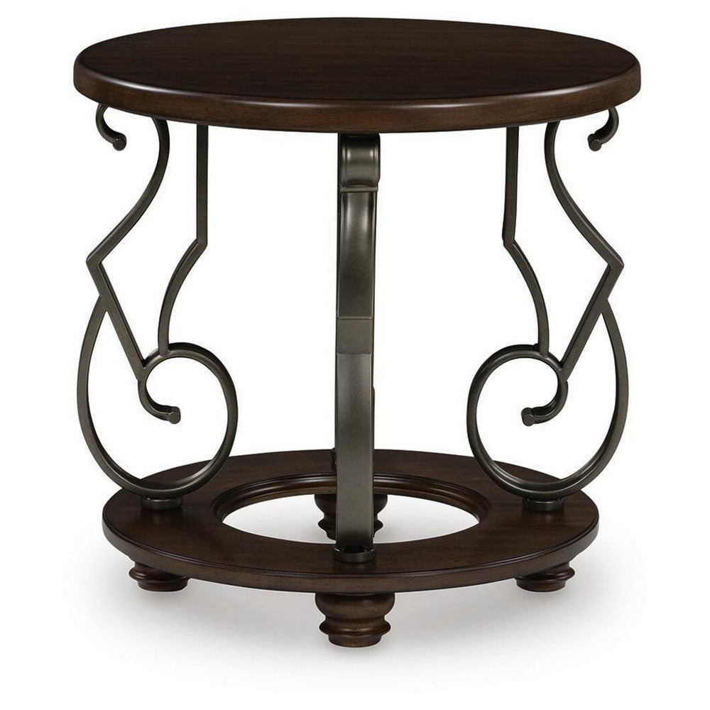 Falu Round End Table with Black Ornate Metal Base | Brown Birch Wood 25"