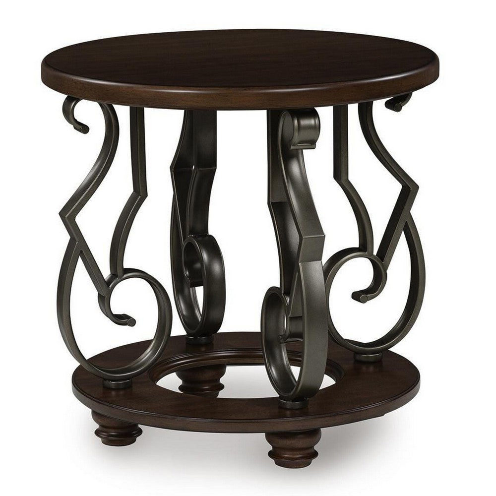 Falu Round End Table with Black Ornate Metal Base | Brown Birch Wood 25"