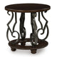 Falu Round End Table with Black Ornate Metal Base | Brown Birch Wood 25"