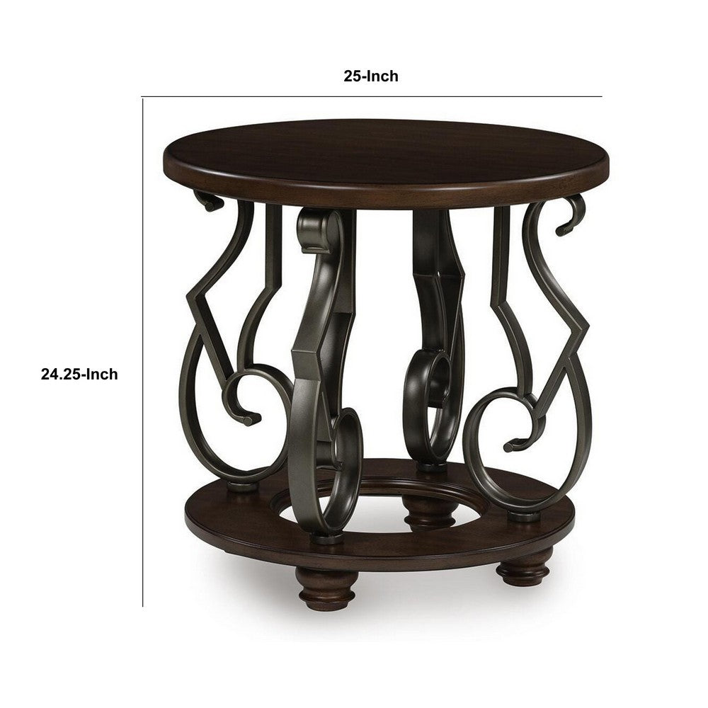 Falu Round End Table with Black Ornate Metal Base | Brown Birch Wood 25"