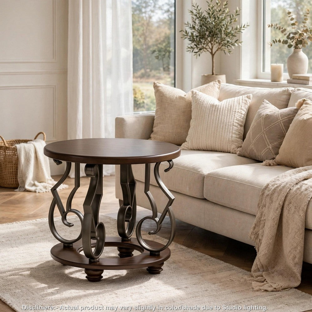 Falu Round End Table with Black Ornate Metal Base | Brown Birch Wood 25"