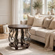 Falu Round End Table with Black Ornate Metal Base | Brown Birch Wood 25"