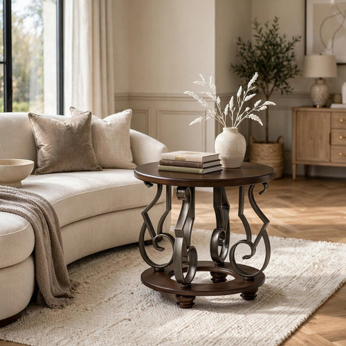 Falu Round End Table with Black Ornate Metal Base | Brown Birch Wood 25"