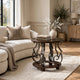 Falu Round End Table with Black Ornate Metal Base | Brown Birch Wood 25"