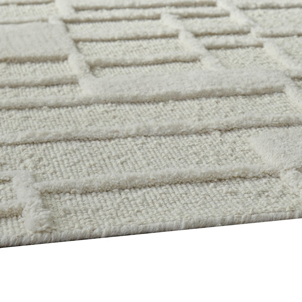 Risa Casual Medium Area Rug with Geometric Textured Design | Ivory Wool 5x7