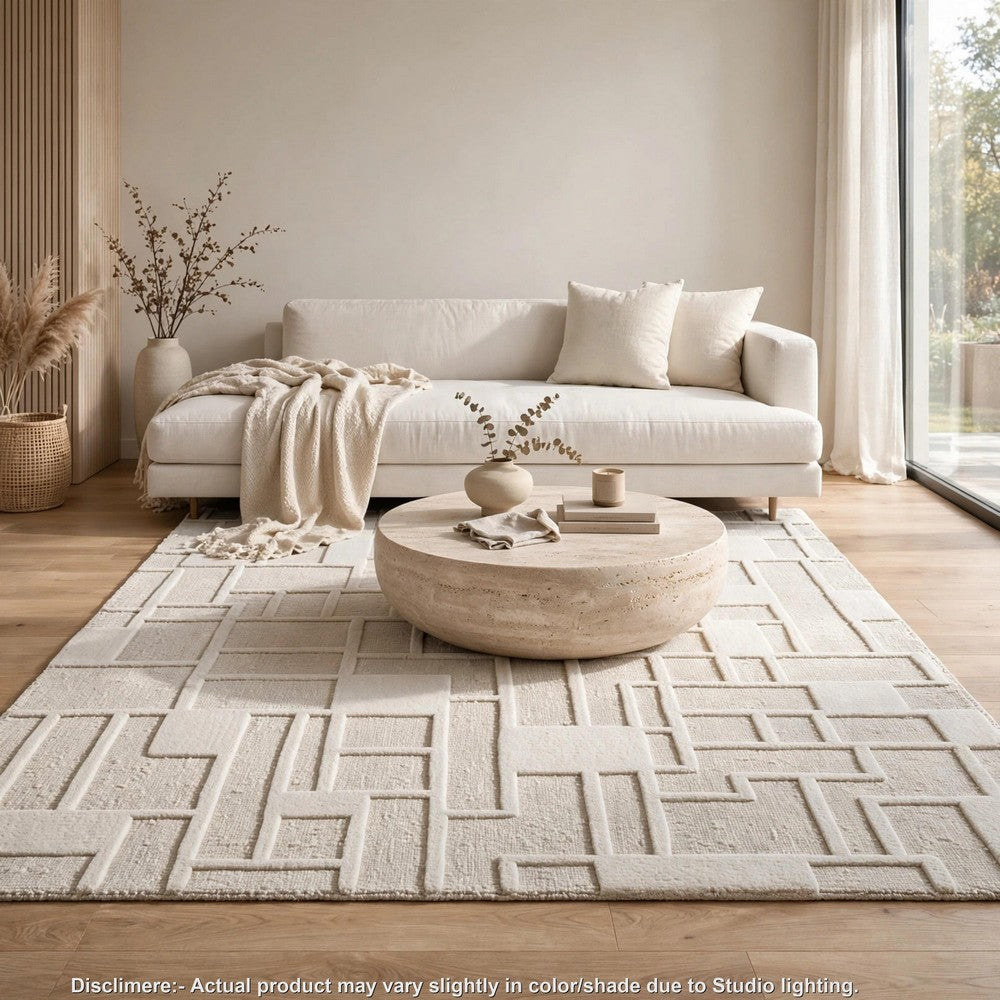 Risa Casual Medium Area Rug with Geometric Textured Design | Ivory Wool 5x7