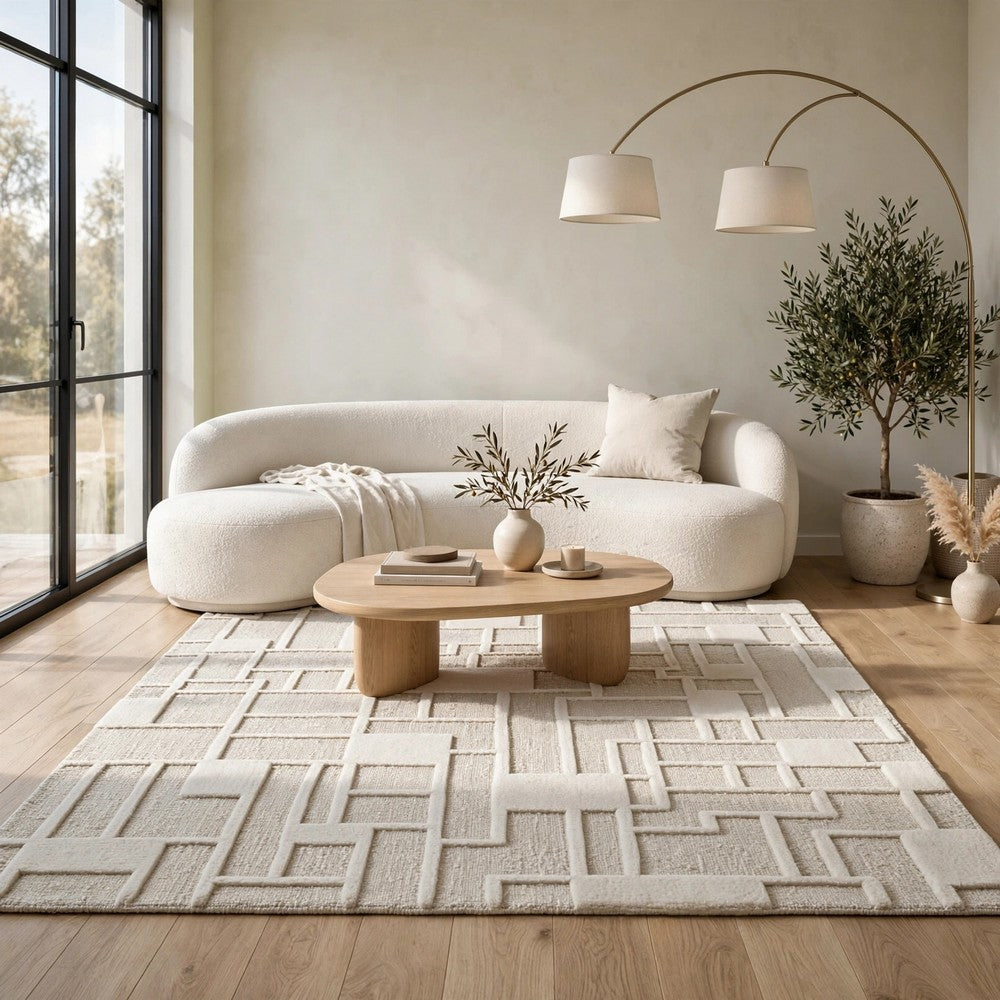Risa Casual Medium Area Rug with Geometric Textured Design | Ivory Wool 5x7