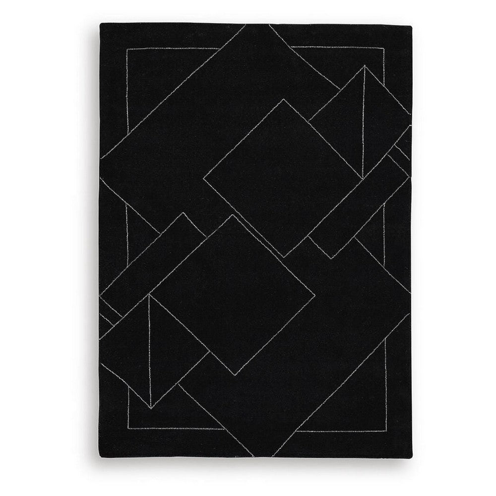 Maro H&-Tufted Medium Area Rug with White Geometric Design | Black Wool 5x7