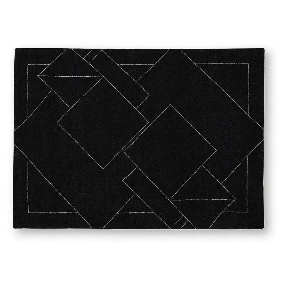 Maro H&-Tufted Medium Area Rug with White Geometric Design | Black Wool 5x7
