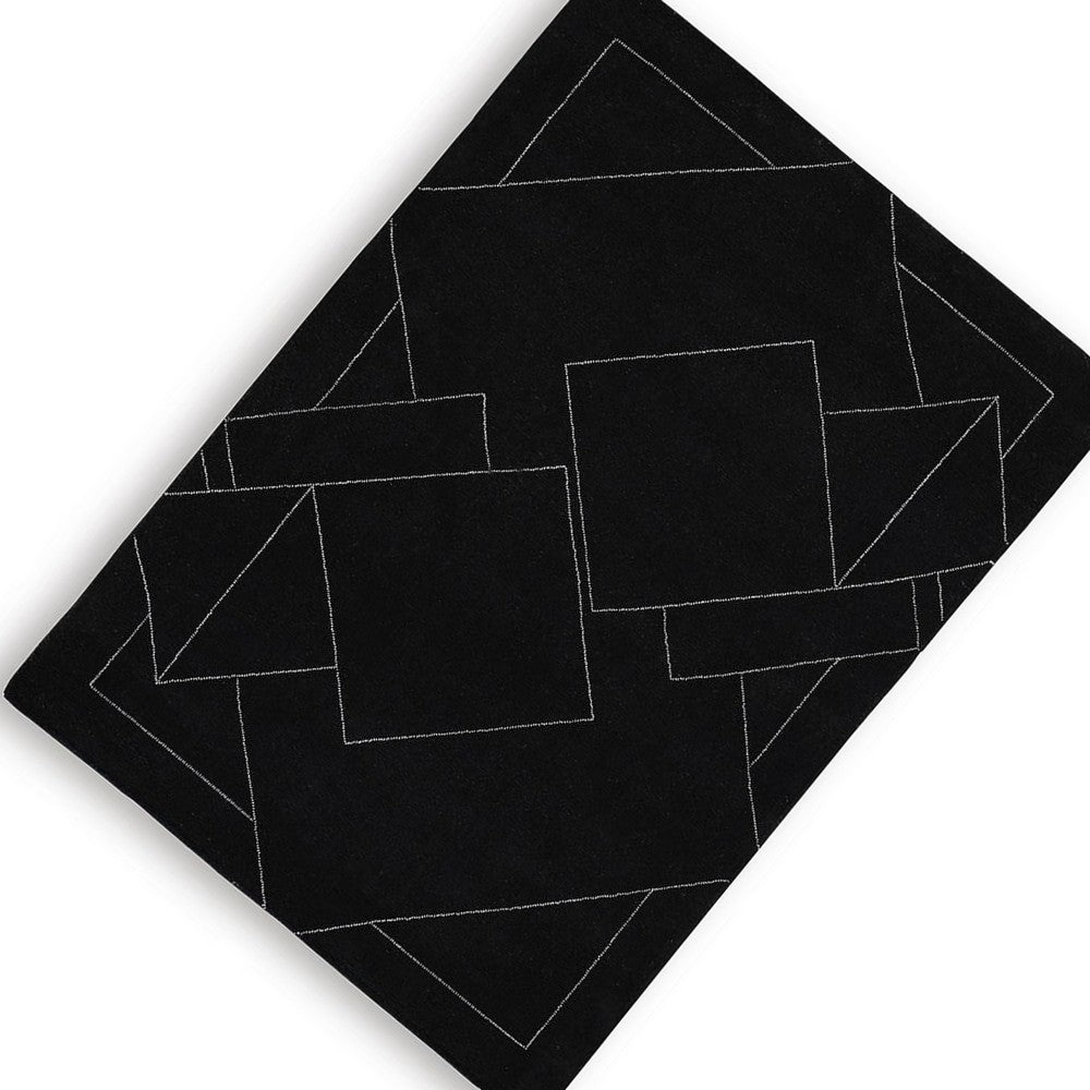Maro H&-Tufted Medium Area Rug with White Geometric Design | Black Wool 5x7