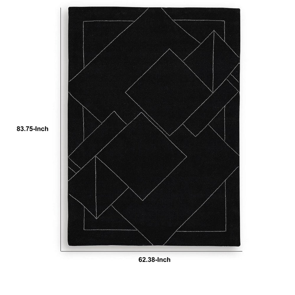 Maro H&-Tufted Medium Area Rug with White Geometric Design | Black Wool 5x7