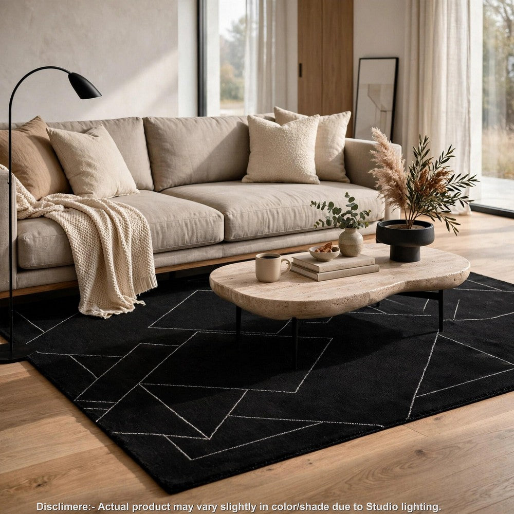 Maro H&-Tufted Medium Area Rug with White Geometric Design | Black Wool 5x7