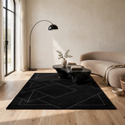 Maro H&-Tufted Medium Area Rug with White Geometric Design | Black Wool 5x7