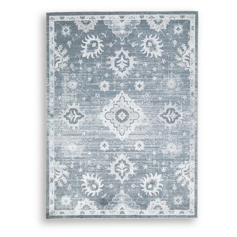 Avans Traditional Washable Large Area Rug | Gray-Ivory Motifs | Blue Polyester 8x10