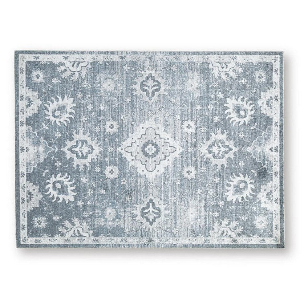 Avans Traditional Washable Large Area Rug | Gray-Ivory Motifs | Blue Polyester 8x10