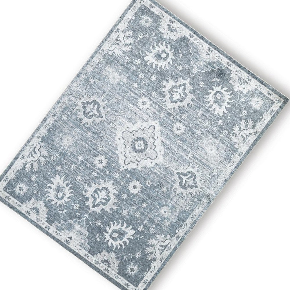 Avans Traditional Washable Large Area Rug | Gray-Ivory Motifs | Blue Polyester 8x10