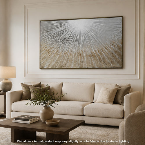 Waldy Wall Art with Abstract Sunbeam Design | Champagne Framed Canvas 36x60