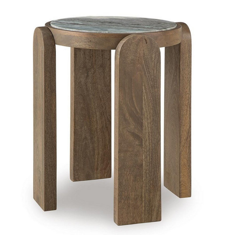 Rhya Accent Table with Round Marble Top | Arched Legs | Brown Mango Wood 22"