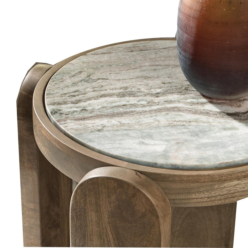 Rhya Accent Table with Round Marble Top | Arched Legs | Brown Mango Wood 22"