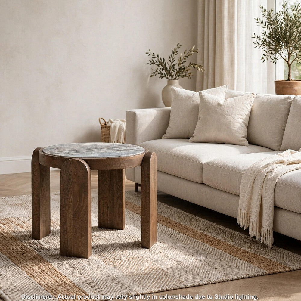 Rhya Accent Table with Round Marble Top | Arched Legs | Brown Mango Wood 22"