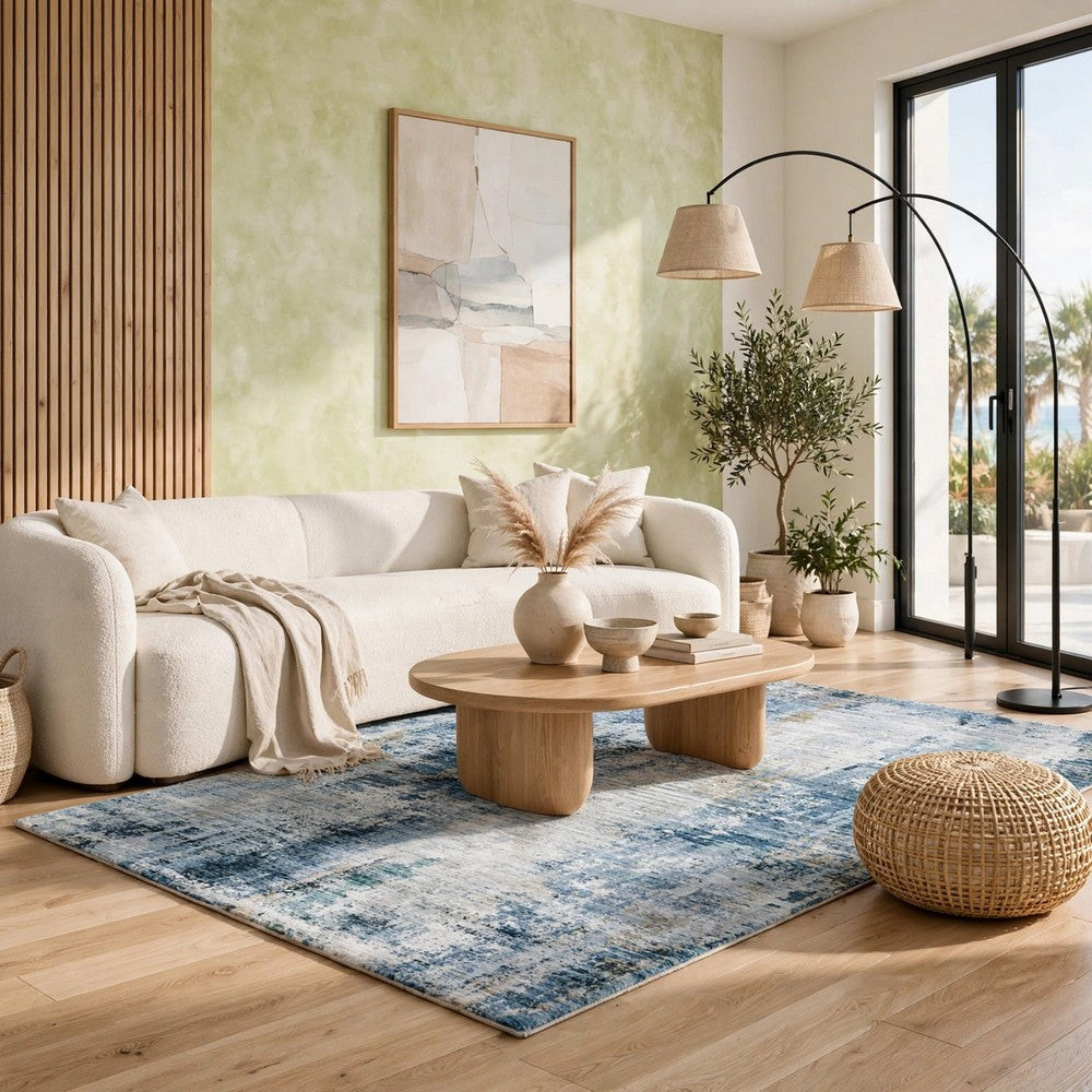 Arian Abstract Medium Area Rug | Faux Fur | Built-In Memory Foam | Blue 5x7
