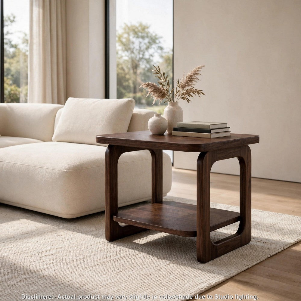 Kemu Square Side End Table with Open Shelf Storage | Dark Brown Wood 27"