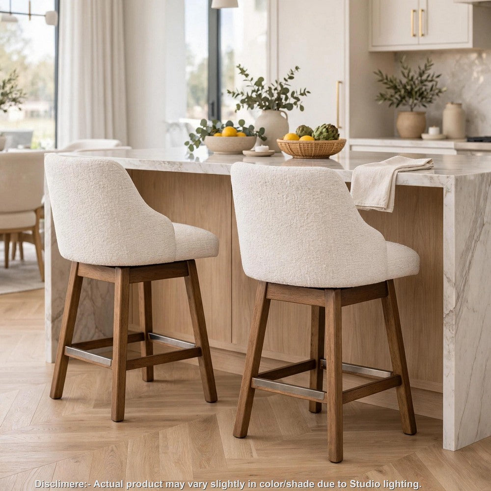 Cabal Swivel Barstool Chair | Set of 2 | Oatmeal Polyester | Brown Solid Wood
