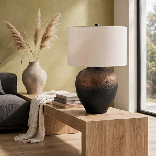 Norry Table Lamp with Fabric Shade | Brown-Black Textured Metal 31"