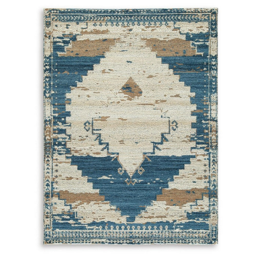 Varny Medium Area Rug with Blue-Brown Medallion Patterns | Tan Polyester 5x7