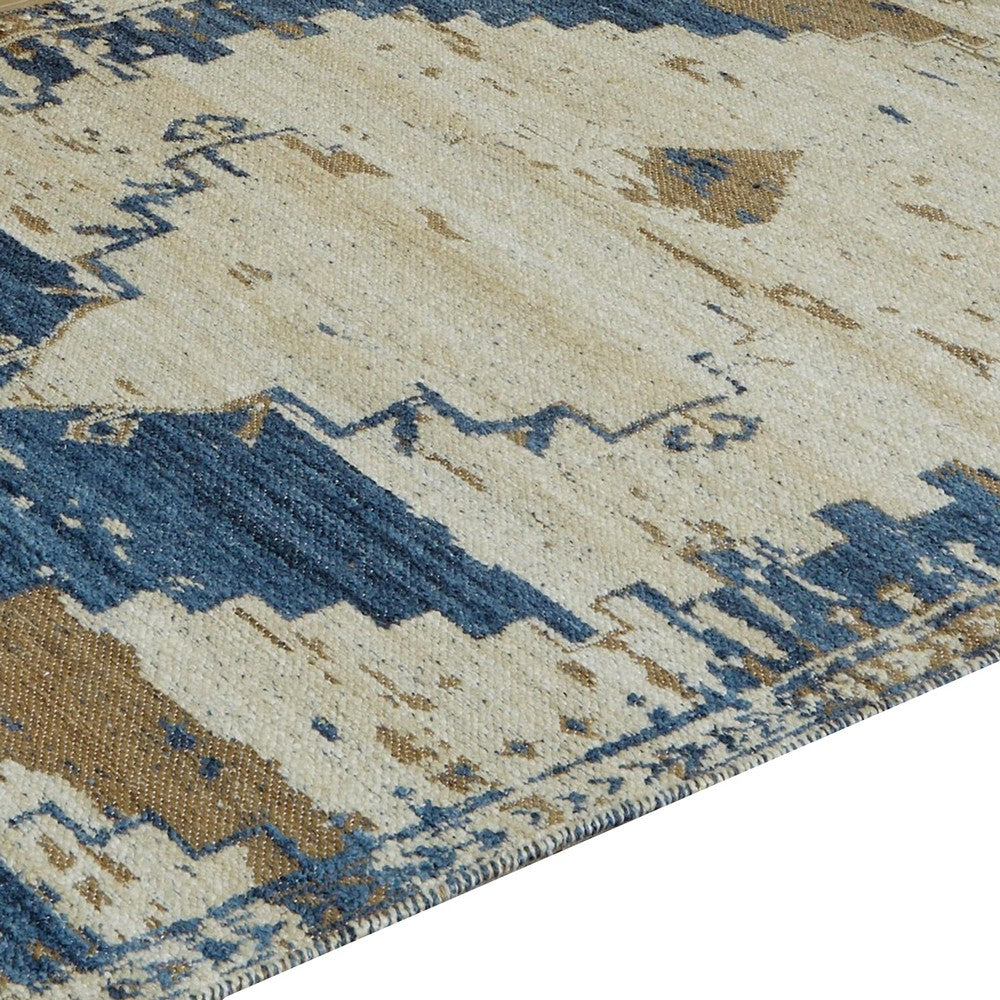 Varny Medium Area Rug with Blue-Brown Medallion Patterns | Tan Polyester 5x7