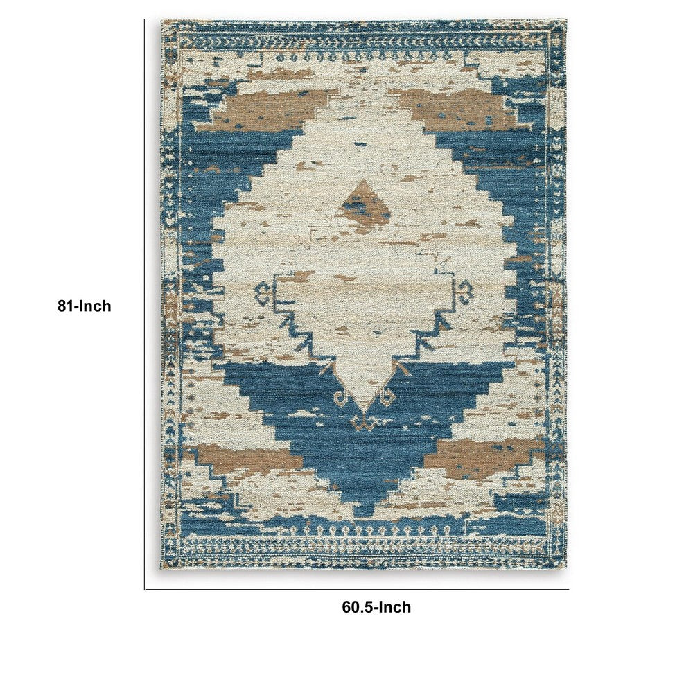 Varny Medium Area Rug with Blue-Brown Medallion Patterns | Tan Polyester 5x7