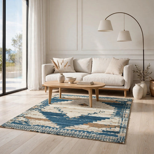 Varny Medium Area Rug with Blue-Brown Medallion Patterns | Tan Polyester 5x7