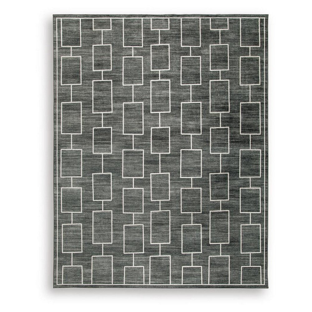 Zelda Washable Large Area Rug with Gray Geometric Designs | Black Faux Fur 8x10