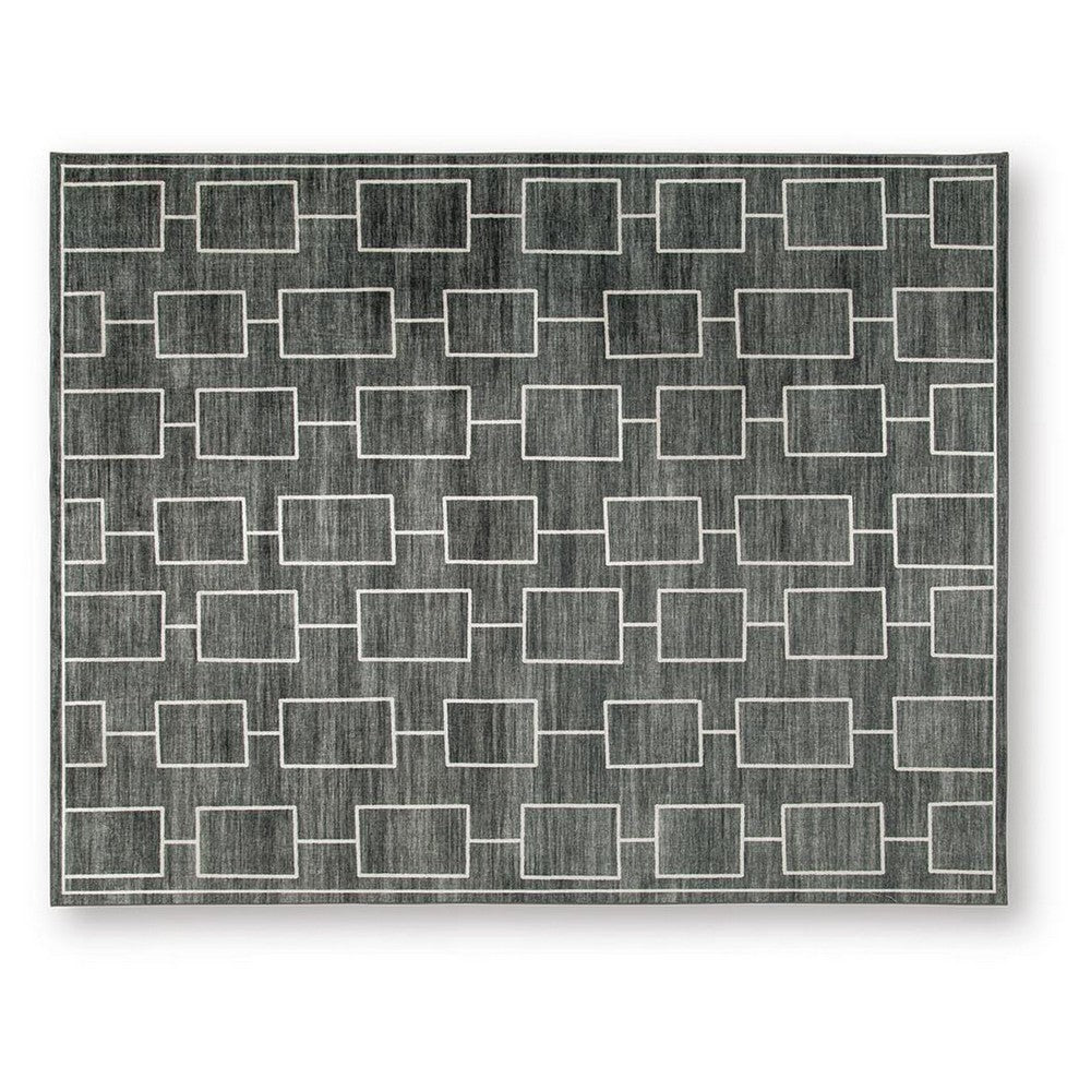 Zelda Washable Large Area Rug with Gray Geometric Designs | Black Faux Fur 8x10