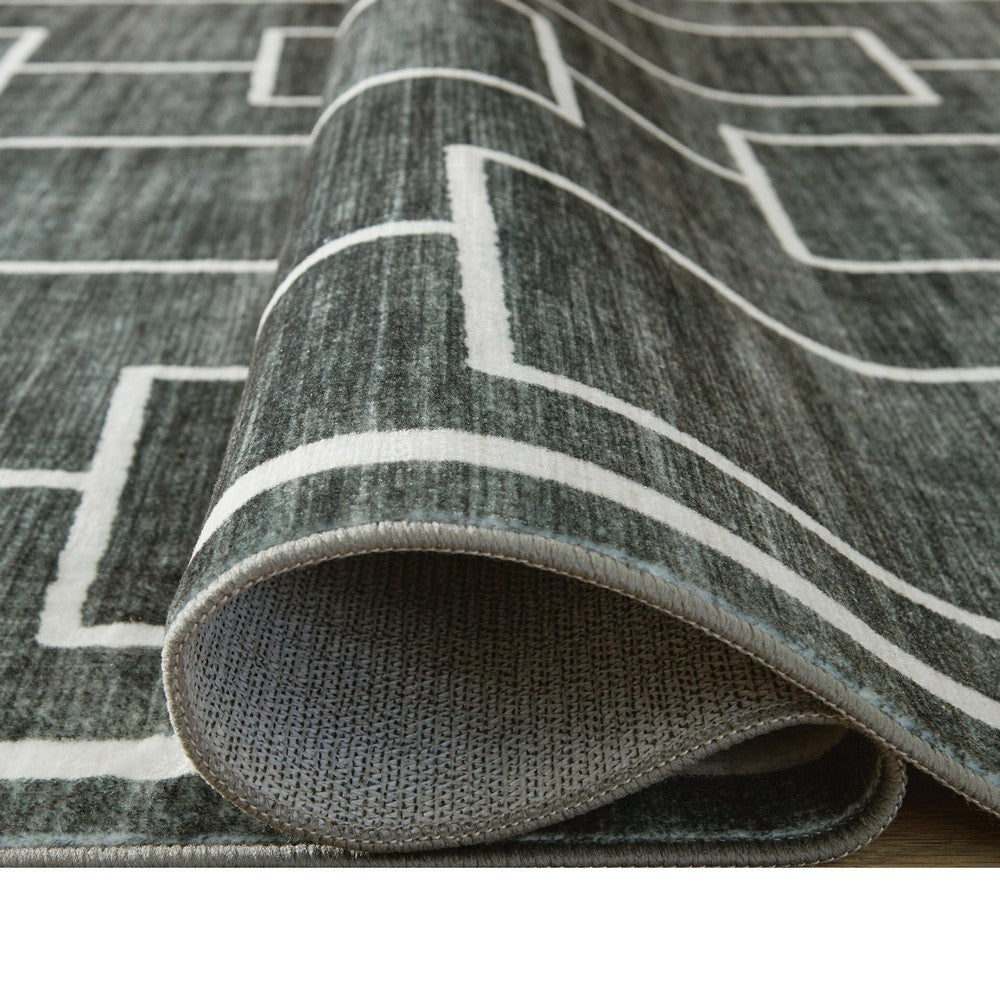 Zelda Washable Large Area Rug with Gray Geometric Designs | Black Faux Fur 8x10