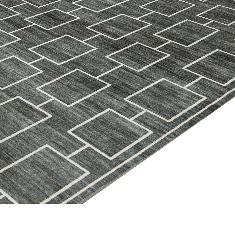 Zelda Washable Large Area Rug with Gray Geometric Designs | Black Faux Fur 8x10