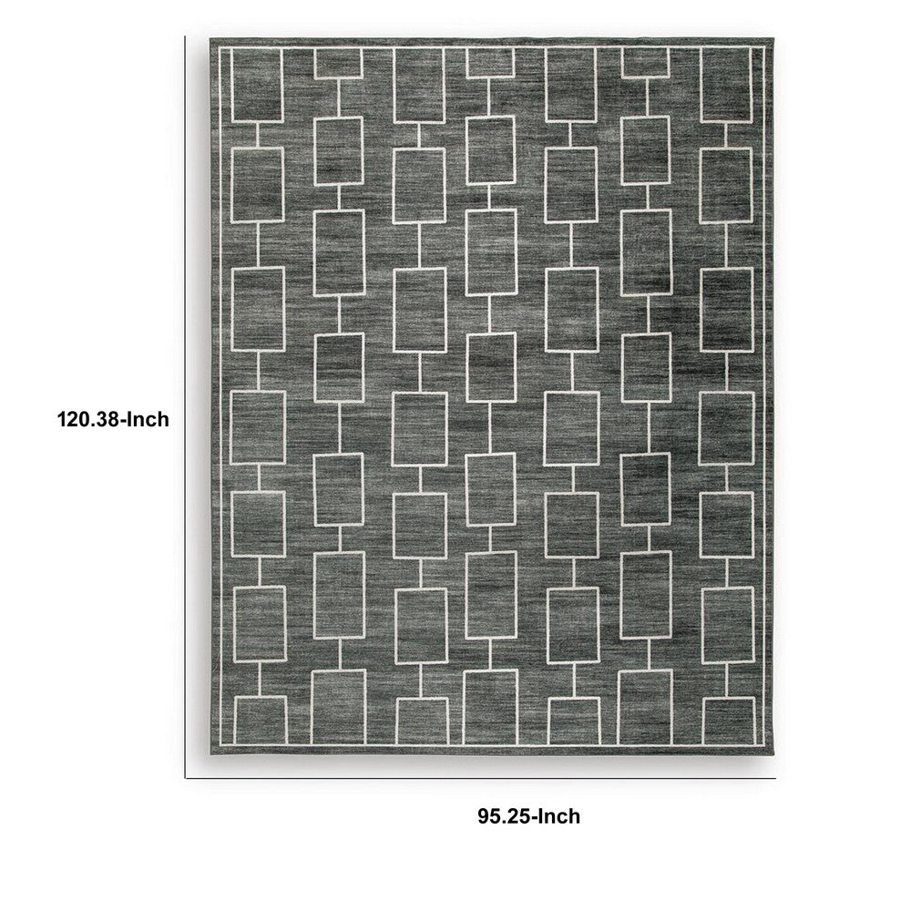 Zelda Washable Large Area Rug with Gray Geometric Designs | Black Faux Fur 8x10