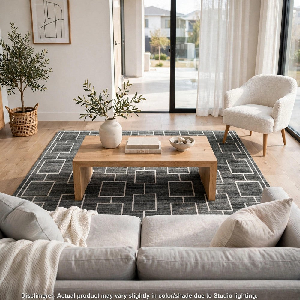 Zelda Washable Large Area Rug with Gray Geometric Designs | Black Faux Fur 8x10