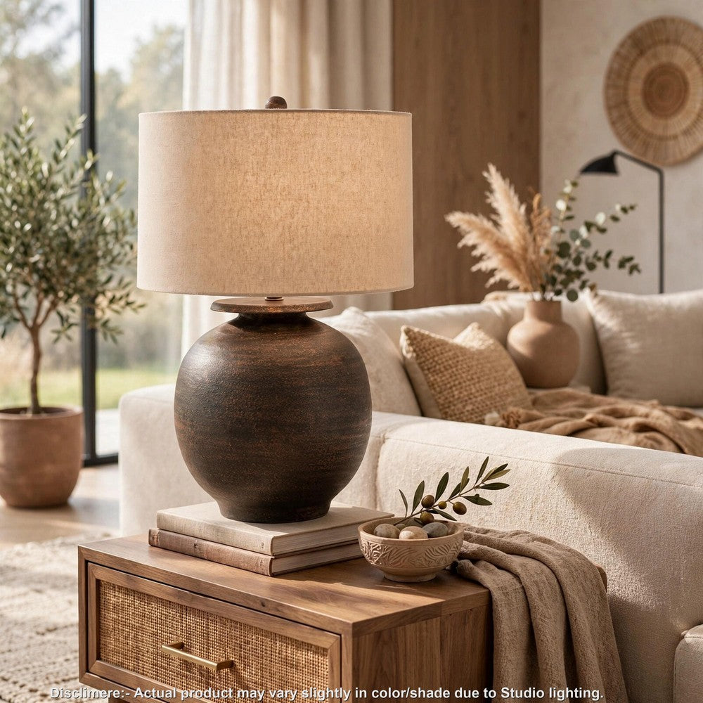 Carla Table Lamp with Beige Fabric Shade | Antique Brown Textured Metal 29"