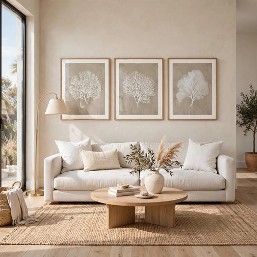 Henny Wall Art | Set of 3 | White Coral Motifs | Brown Glass-Front Frame 20x24