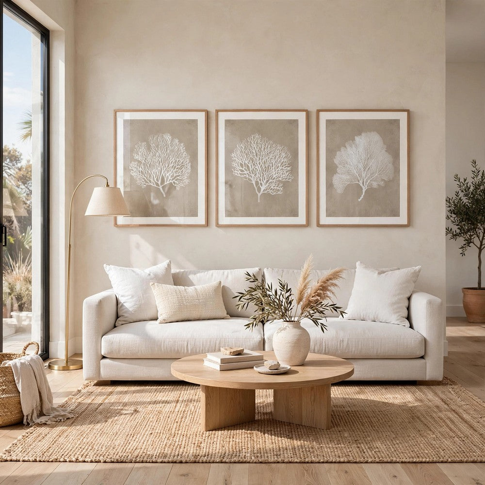Henny Wall Art | Set of 3 | White Coral Motifs | Brown Glass-Front Frame 20x24