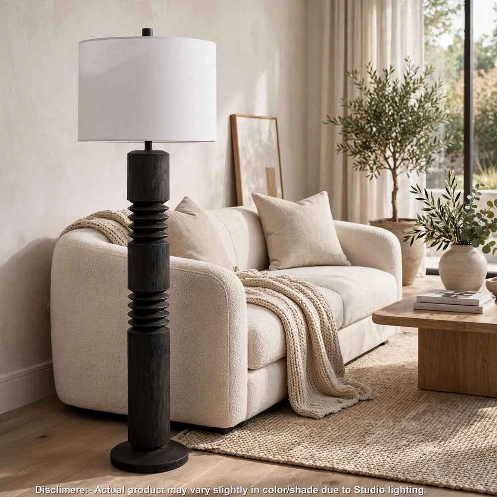 Fiona Floor Lamp | Carved Base | Fabric Shade | Black Textured Polyresin 64"
