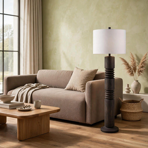 Fiona Floor Lamp | Carved Base | Fabric Shade | Black Textured Polyresin 64"