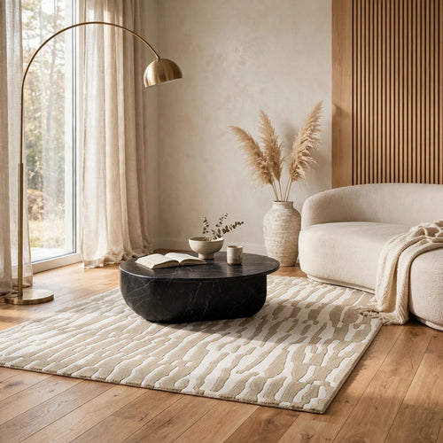 Bella Medium Area Rug with Beige-White Abstract Design | Wool Polyester 5x7