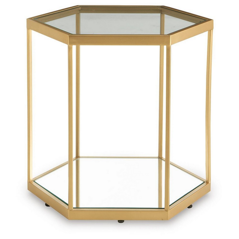 Veryl Accent Cocktail Table with Glass Top | Gold Hexagonal Metal Frame 18"