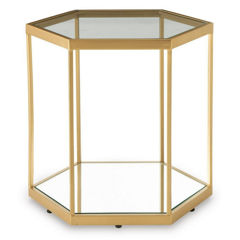 Veryl Accent Cocktail Table with Glass Top | Gold Hexagonal Metal Frame 18"
