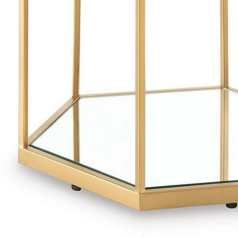 Veryl Accent Cocktail Table with Glass Top | Gold Hexagonal Metal Frame 18"